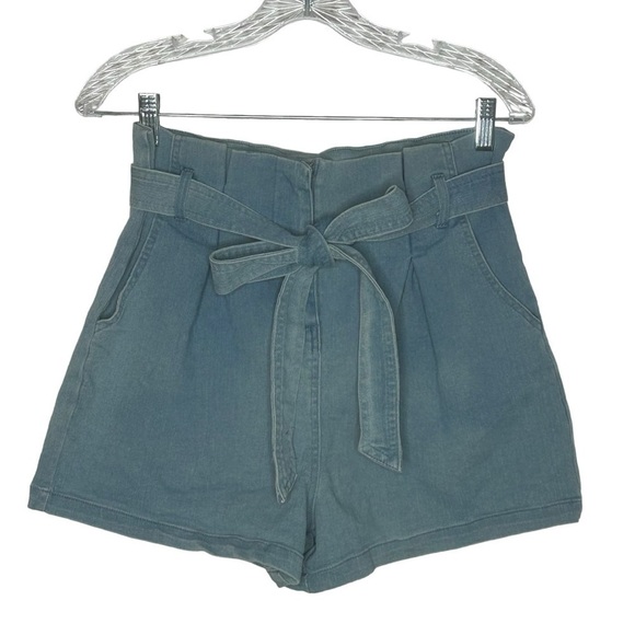 Mele & Pere Paper Bag Waist Tie Denim Shorts - Picture 2 of 14